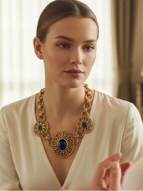 Vintage Gold Tone Blue Cabochon Statement Necklace Filigree Bib Necklace